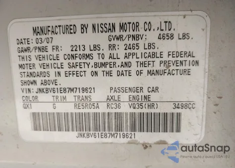 2007 Infiniti G35 Sport from USA, damaged, VIN JNKBV61E87M719621